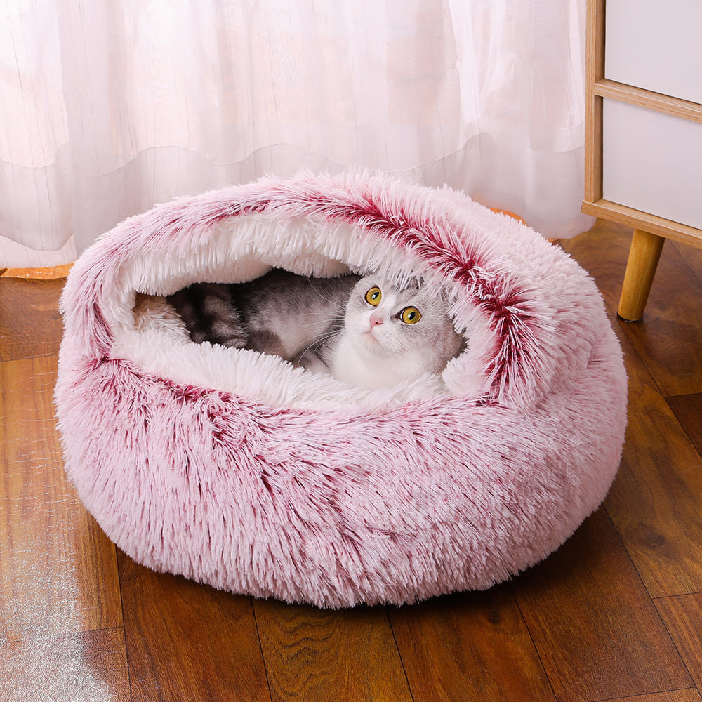 Semi-Enclosed Plush Round Pet Bed for Deep Comfortable Sleeping