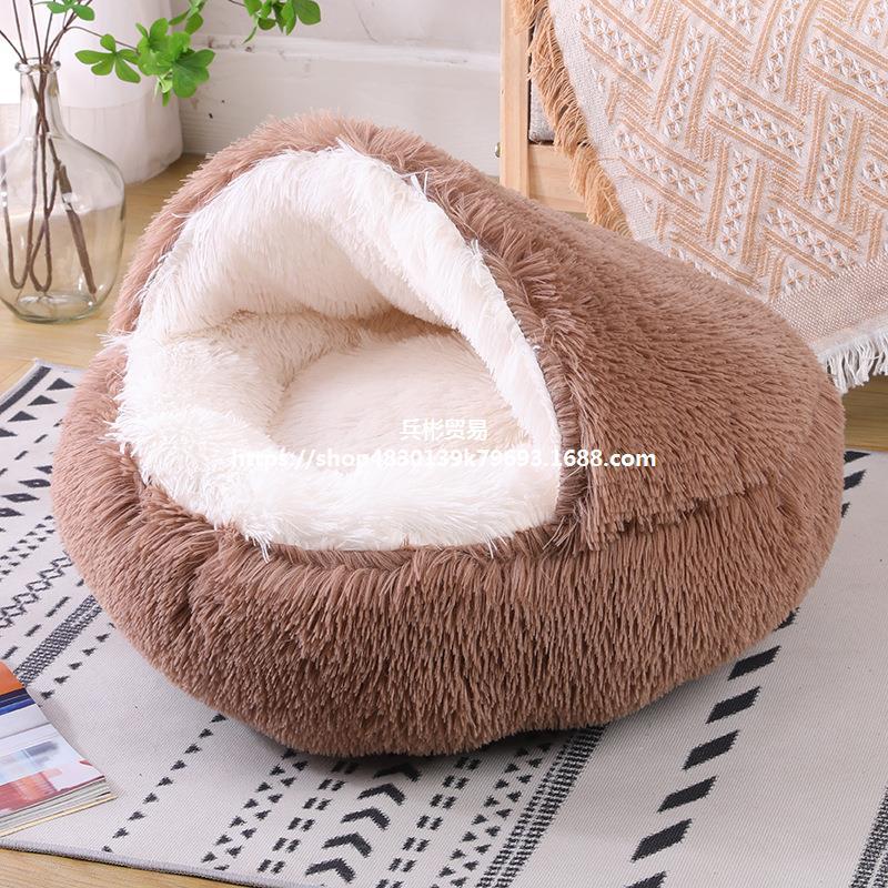 Semi-Enclosed Plush Round Pet Bed for Deep Comfortable Sleeping