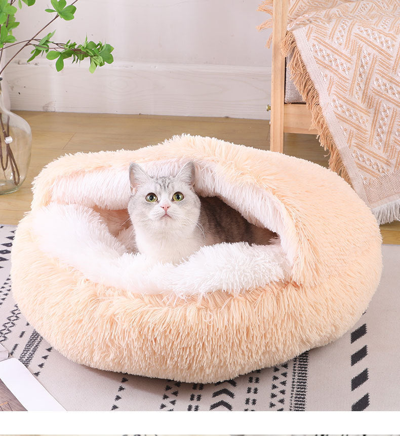Semi-Enclosed Plush Round Pet Bed for Deep Comfortable Sleeping
