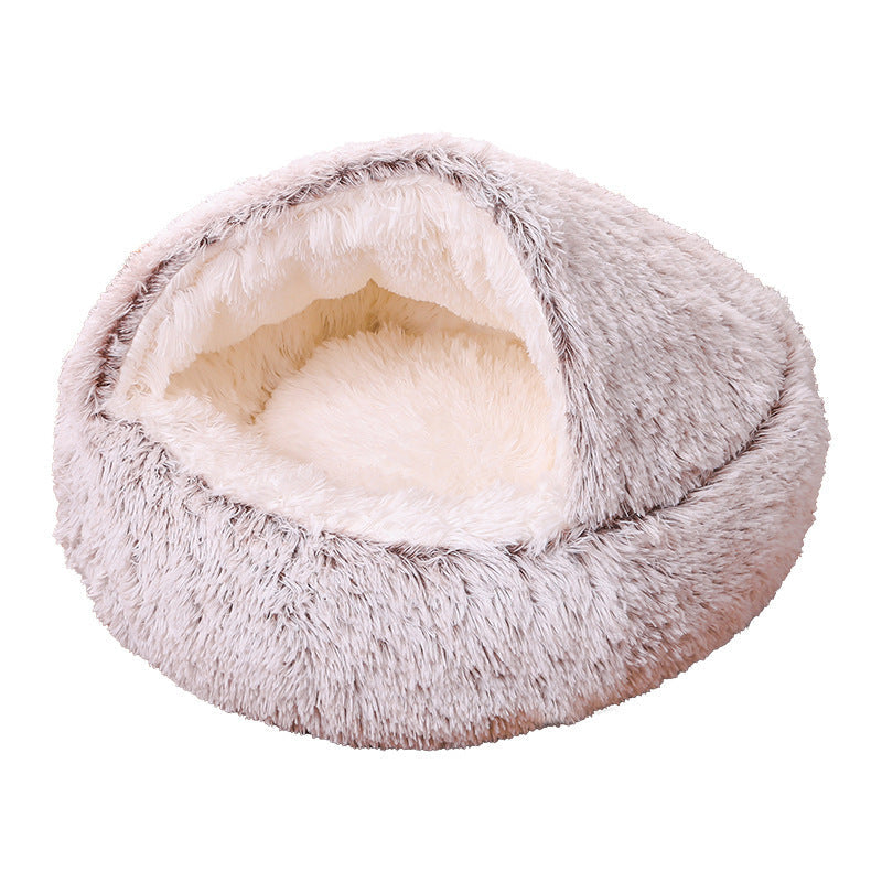 Semi-Enclosed Plush Round Pet Bed for Deep Comfortable Sleeping