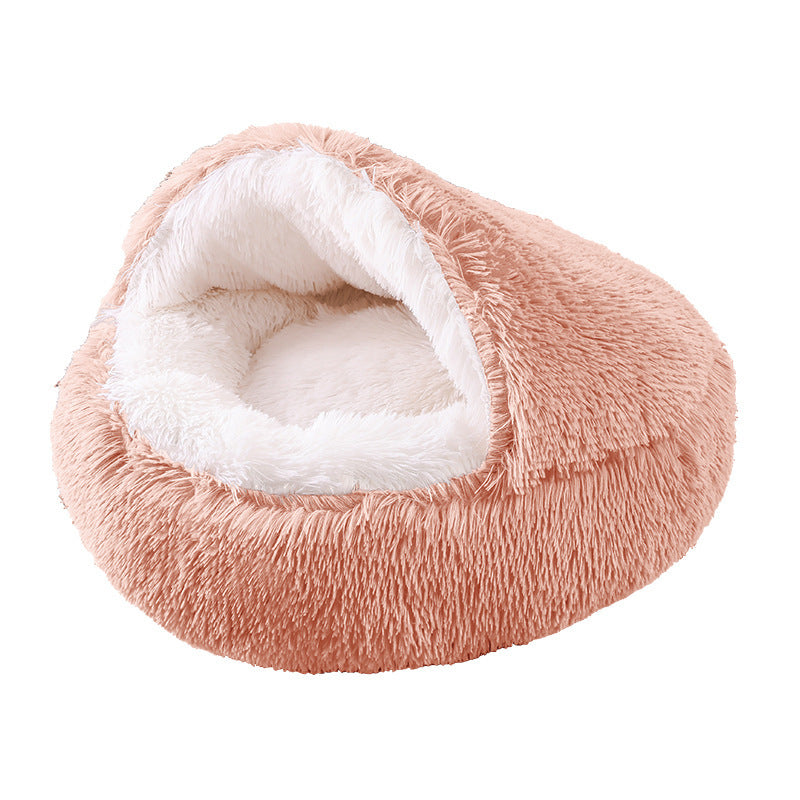 Semi-Enclosed Plush Round Pet Bed for Deep Comfortable Sleeping