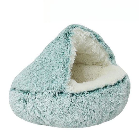 Semi-Enclosed Plush Round Pet Bed for Deep Comfortable Sleeping