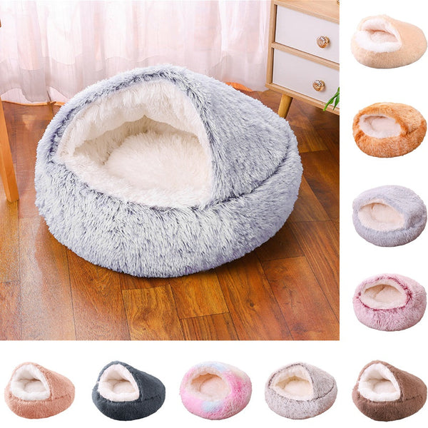 Semi-Enclosed Plush Round Pet Bed for Deep Comfortable Sleeping