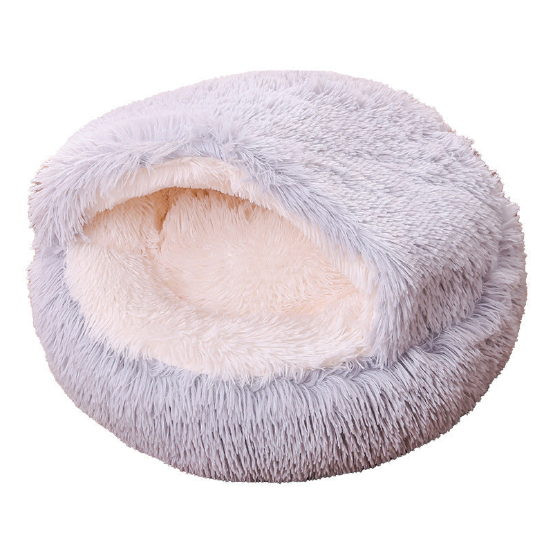 Semi-Enclosed Plush Round Pet Bed for Deep Comfortable Sleeping