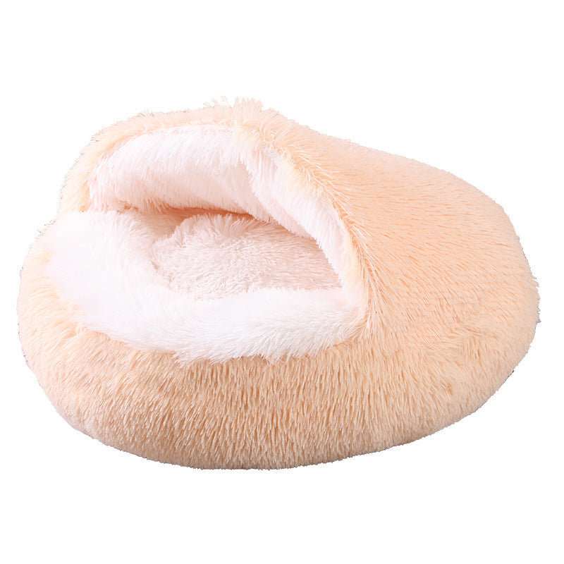 Semi-Enclosed Plush Round Pet Bed for Deep Comfortable Sleeping