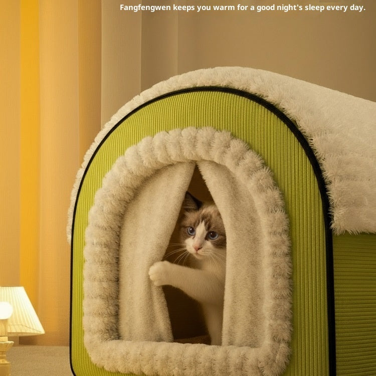 Enclosed Winter Cat Bed Thickened Four-Season Warm Pet House Cushion