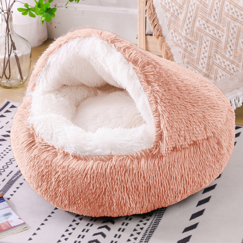 Semi-Enclosed Plush Round Pet Bed for Deep Comfortable Sleeping