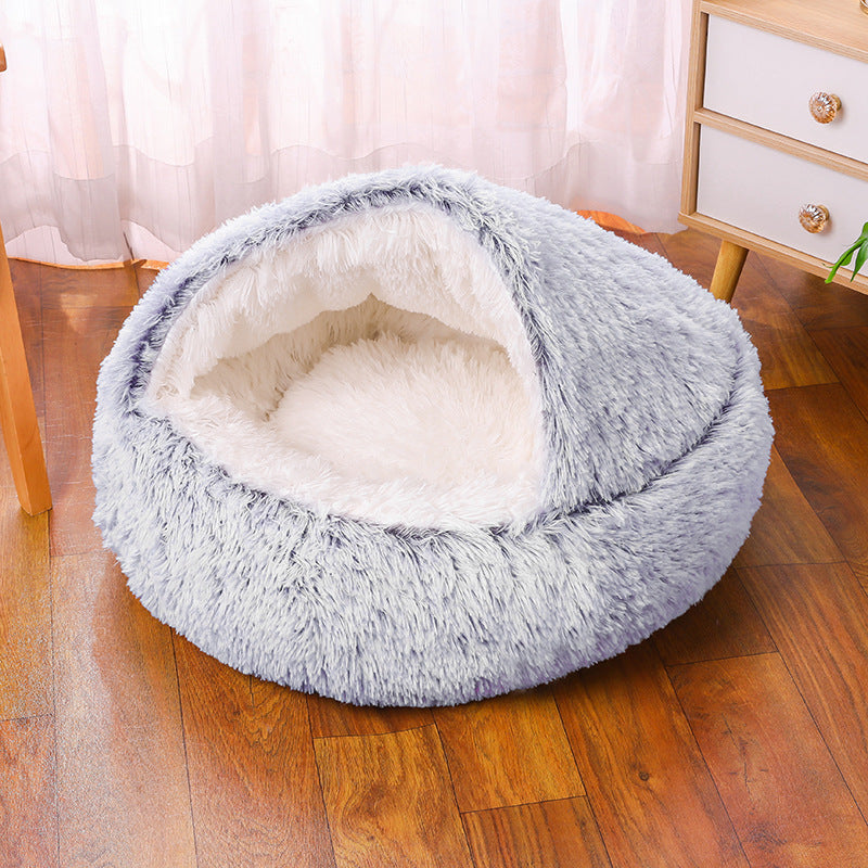 Semi-Enclosed Plush Round Pet Bed for Deep Comfortable Sleeping