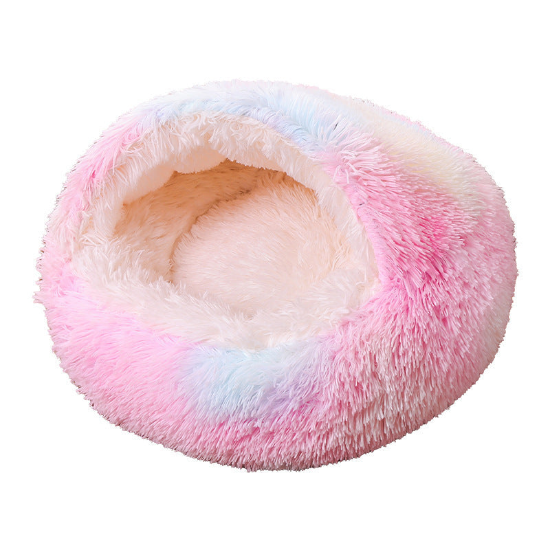 Semi-Enclosed Plush Round Pet Bed for Deep Comfortable Sleeping