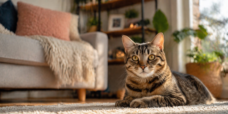 Cat sitting on a rug in a cozy living room with a blurred background