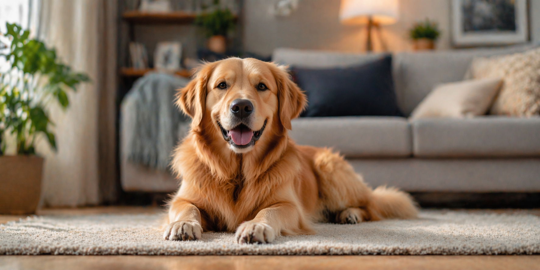 Golden retriever lying on a rug in a cozy living room.