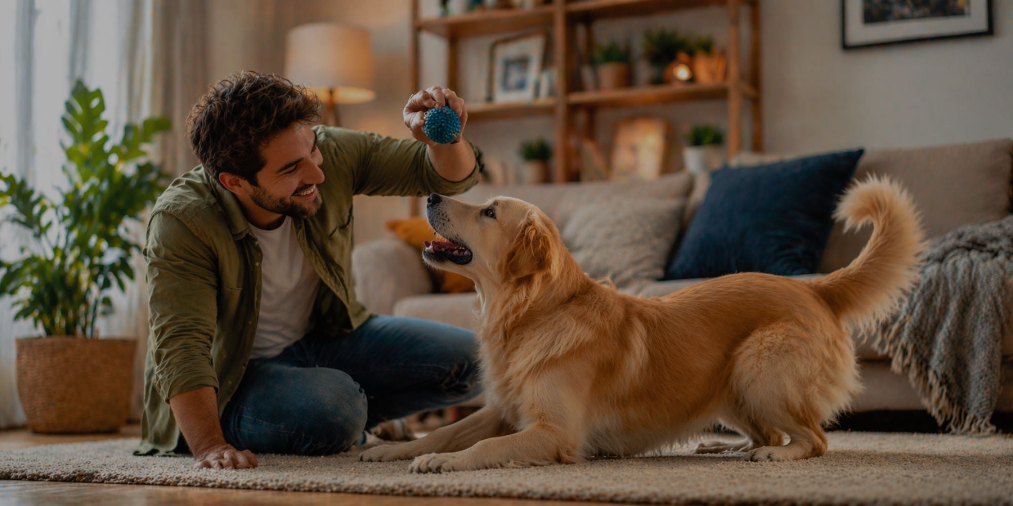 Man playing with a dog in a cozy living room