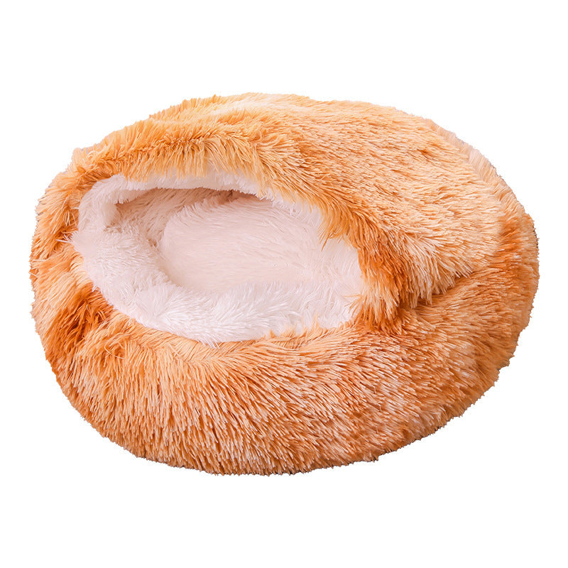 Semi-Enclosed Plush Round Pet Bed for Deep Comfortable Sleeping