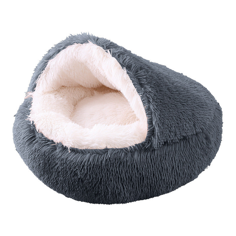 Semi-Enclosed Plush Round Pet Bed for Deep Comfortable Sleeping