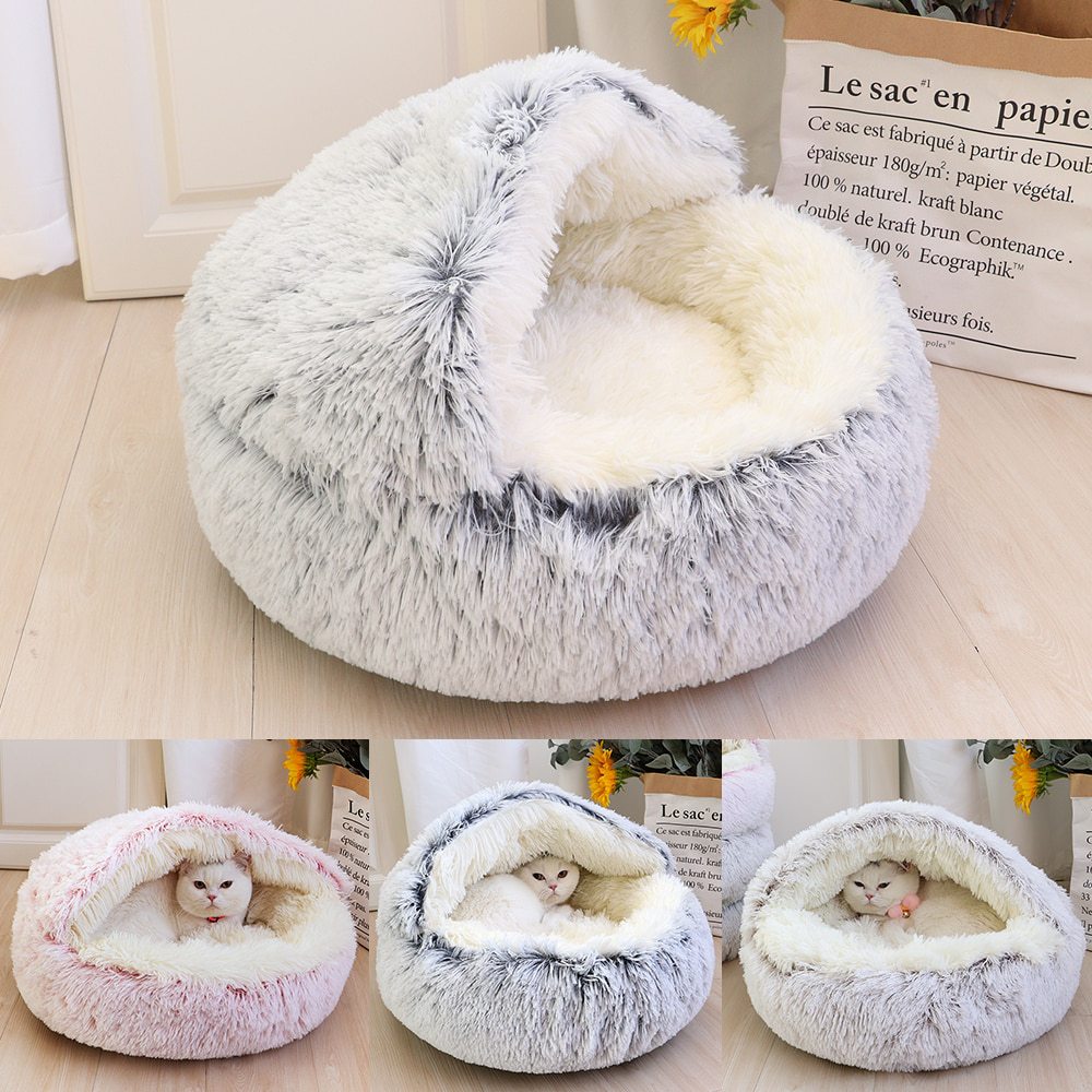 Semi-Enclosed Plush Round Pet Bed for Deep Comfortable Sleeping