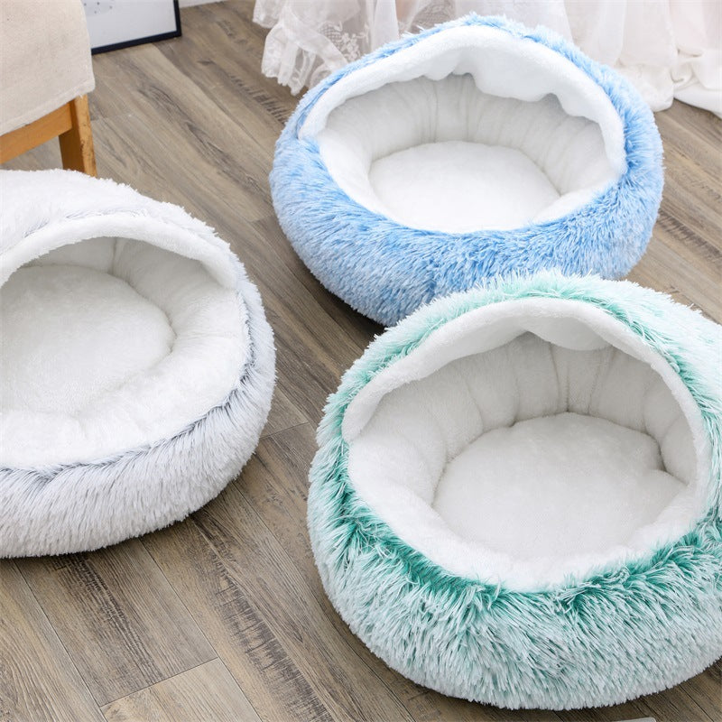 Semi-Enclosed Plush Round Pet Bed for Deep Comfortable Sleeping