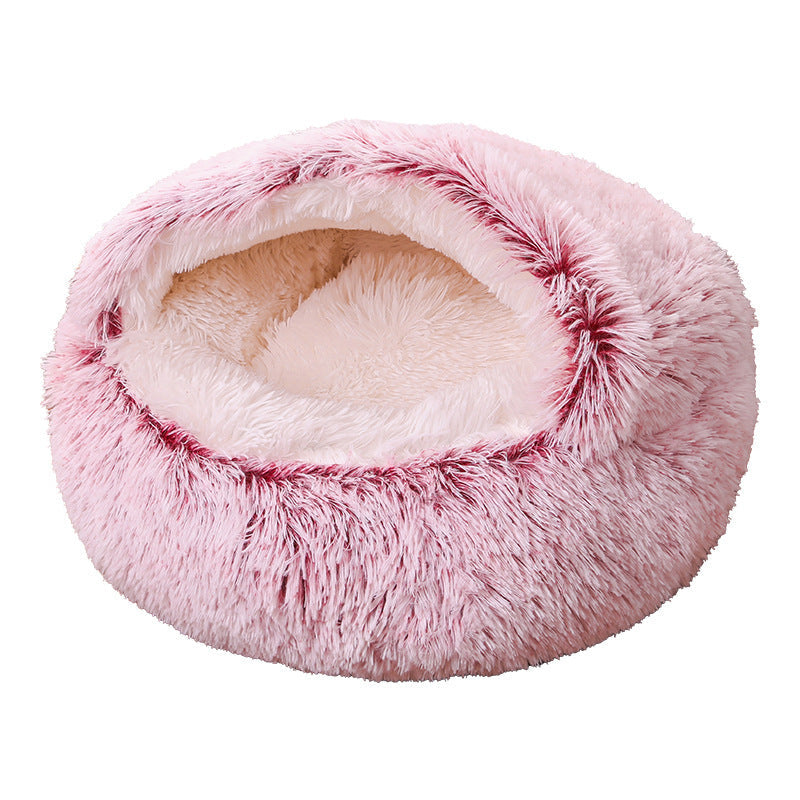 Semi-Enclosed Plush Round Pet Bed for Deep Comfortable Sleeping