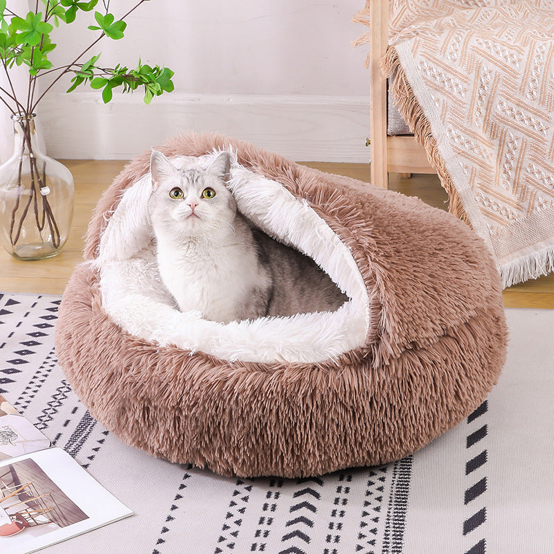 Semi-Enclosed Plush Round Pet Bed for Deep Comfortable Sleeping